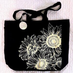 AUTUMN HIILL Black Canvas Gold Sunflower Reusable Beach Market Tote NWT